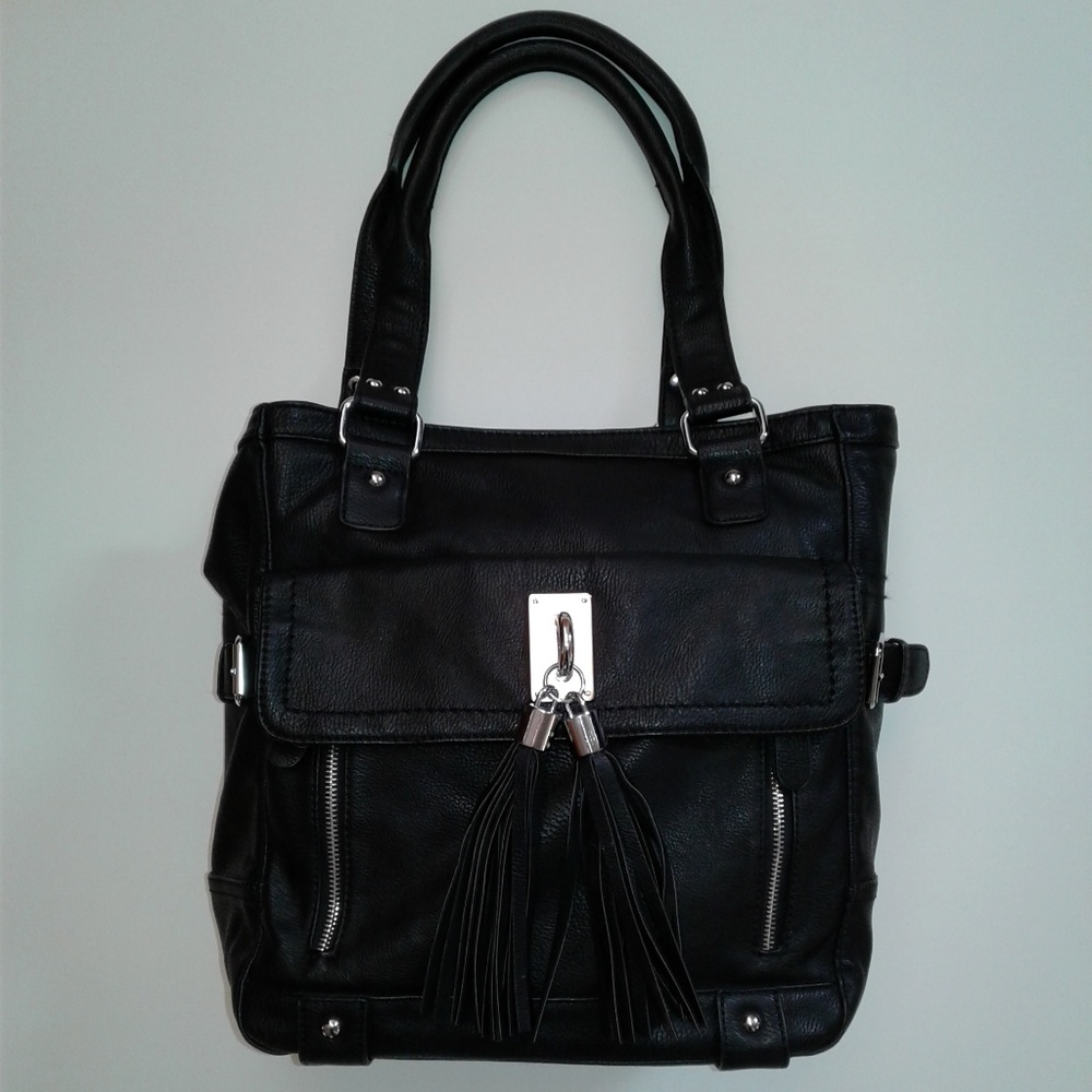 Melie Bianco Black Vegan Leather Tassel Tote